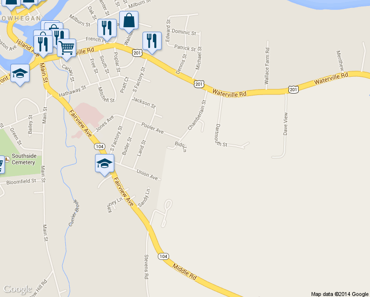 map of restaurants, bars, coffee shops, grocery stores, and more near 11 Bido Lane in Skowhegan