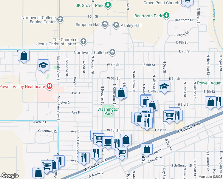 map of restaurants, bars, coffee shops, grocery stores, and more near 321 West 4th Street in Powell
