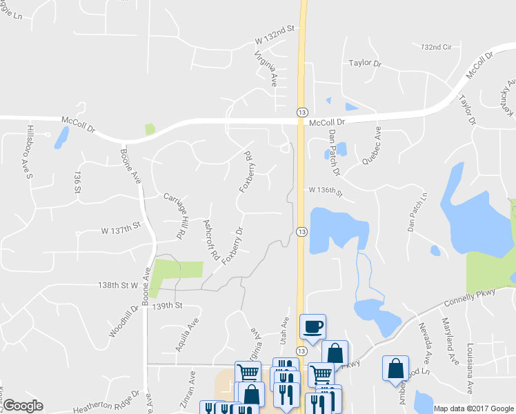 map of restaurants, bars, coffee shops, grocery stores, and more near 13627 Foxberry Road in Savage