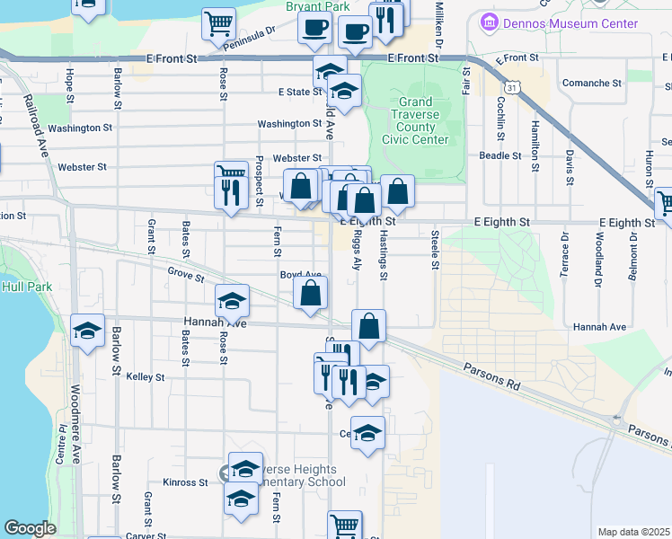 map of restaurants, bars, coffee shops, grocery stores, and more near 545 South Garfield Avenue in Traverse City