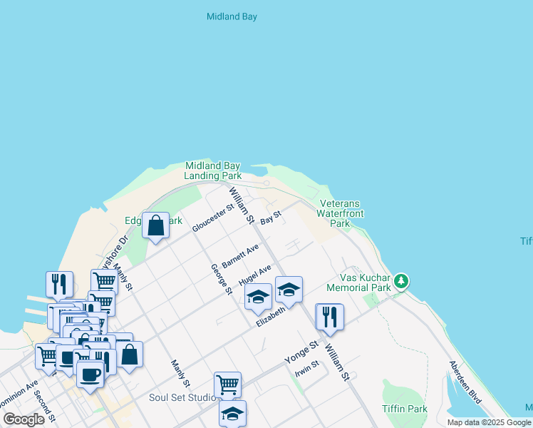 map of restaurants, bars, coffee shops, grocery stores, and more near 200 Bay Street in Midland