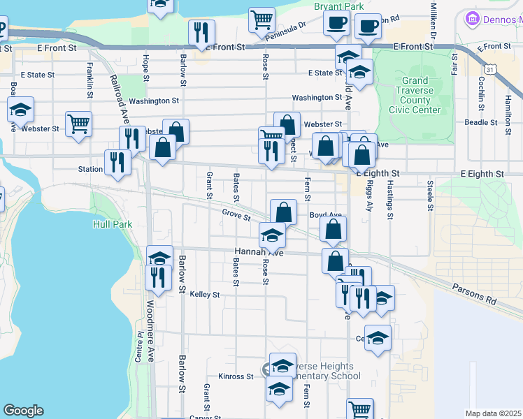 map of restaurants, bars, coffee shops, grocery stores, and more near 548 Rose Street in Traverse City