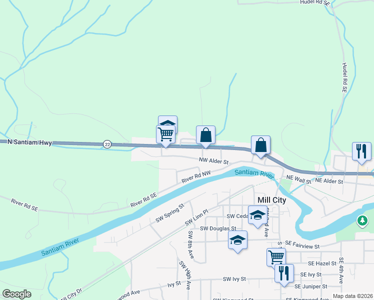 map of restaurants, bars, coffee shops, grocery stores, and more near 756 Northwest Santiam Boulevard in Mill City