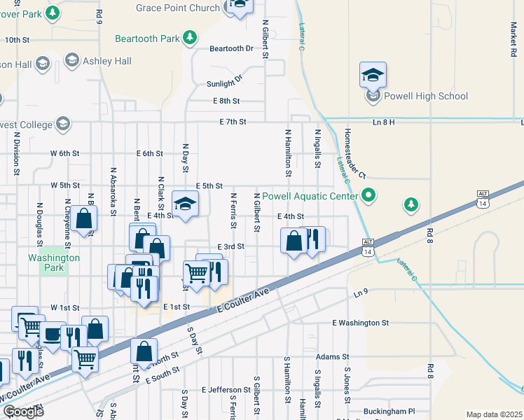 map of restaurants, bars, coffee shops, grocery stores, and more near 719 East 4th Street in Powell
