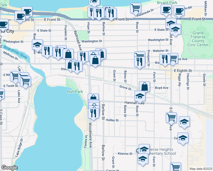map of restaurants, bars, coffee shops, grocery stores, and more near 800-826 Grove St in Traverse City
