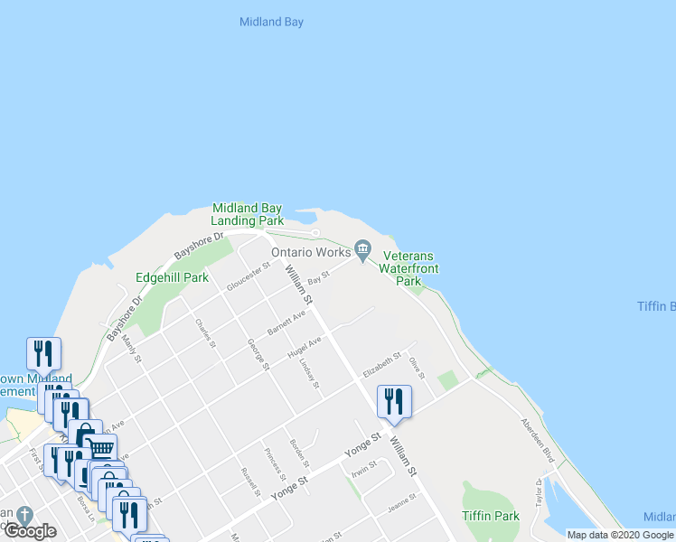 map of restaurants, bars, coffee shops, grocery stores, and more near 179 Bay Street in Midland