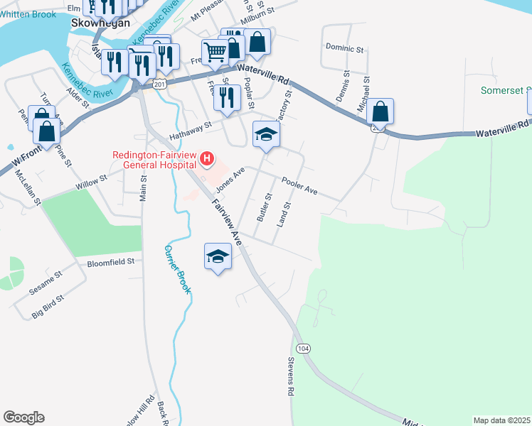 map of restaurants, bars, coffee shops, grocery stores, and more near 14 Butler Street in Skowhegan