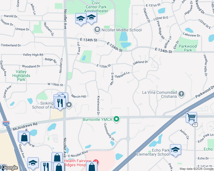 map of restaurants, bars, coffee shops, grocery stores, and more near 13612 4th Avenue South in Burnsville