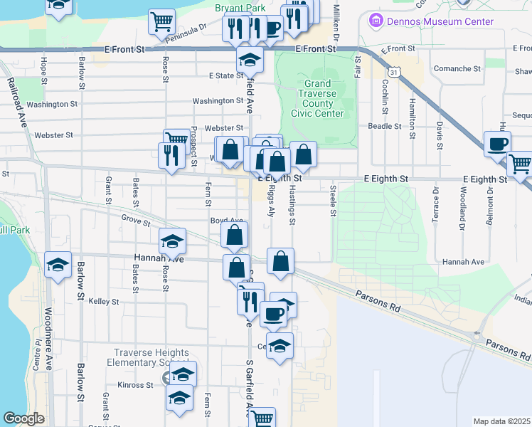 map of restaurants, bars, coffee shops, grocery stores, and more near 545 South Garfield Avenue in Traverse City