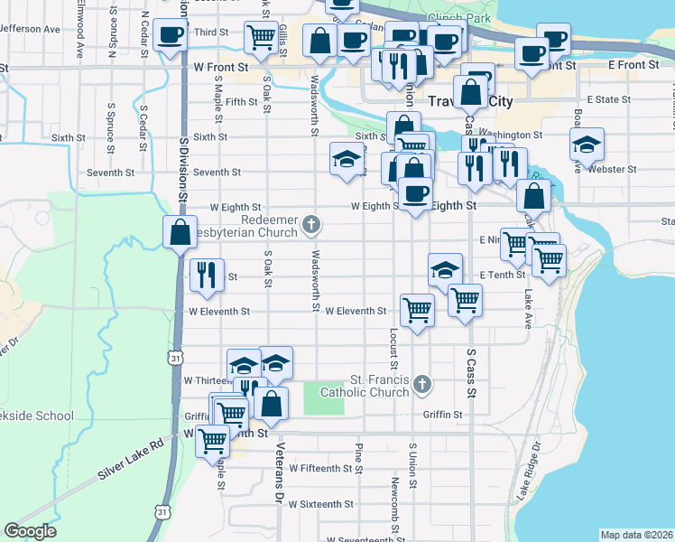 map of restaurants, bars, coffee shops, grocery stores, and more near 324 West Tenth Street in Traverse City