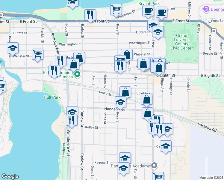 map of restaurants, bars, coffee shops, grocery stores, and more near 548 Rose Street in Traverse City