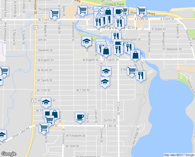 map of restaurants, bars, coffee shops, grocery stores, and more near 118 West Tenth Street in Traverse City