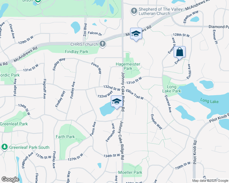 map of restaurants, bars, coffee shops, grocery stores, and more near 6032 132nd Street West in Apple Valley