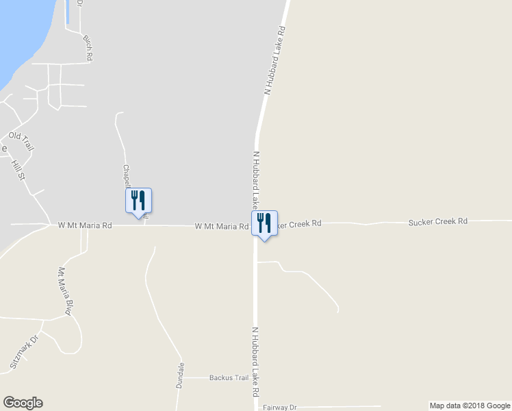 map of restaurants, bars, coffee shops, grocery stores, and more near North Hubbard Lake Road in Alcona County