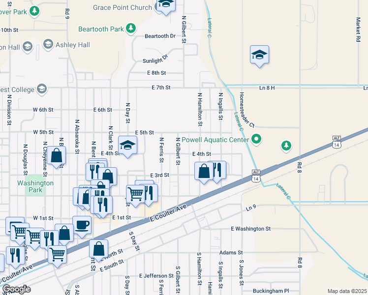 map of restaurants, bars, coffee shops, grocery stores, and more near 719 East 4th Street in Powell
