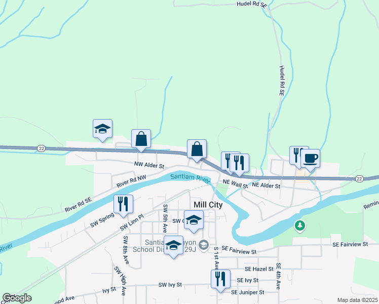 map of restaurants, bars, coffee shops, grocery stores, and more near 300 Northwest Santiam Boulevard in Mill City