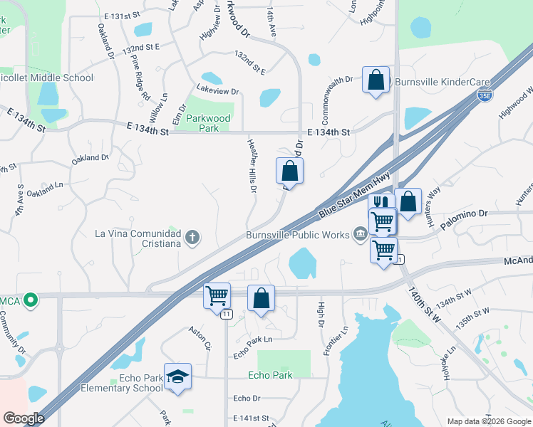 map of restaurants, bars, coffee shops, grocery stores, and more near 13761 Heather Hills Drive in Burnsville