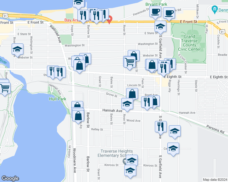 map of restaurants, bars, coffee shops, grocery stores, and more near Boyd Avenue in Traverse City