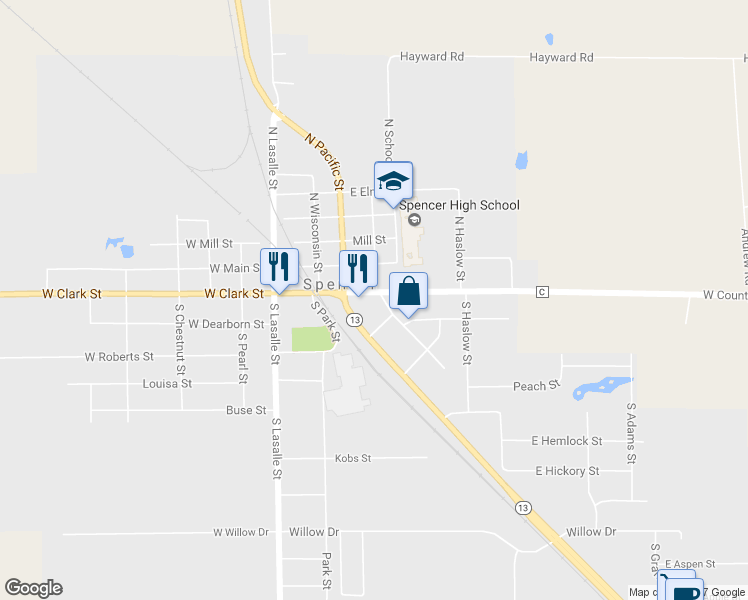 map of restaurants, bars, coffee shops, grocery stores, and more near 309 East Clark Street in Spencer