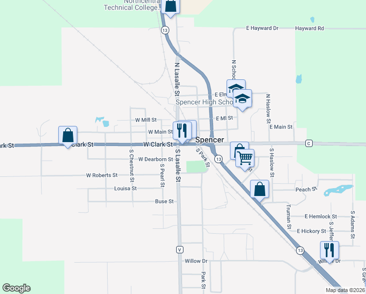 map of restaurants, bars, coffee shops, grocery stores, and more near 115 1/2 East Clark Street in Spencer