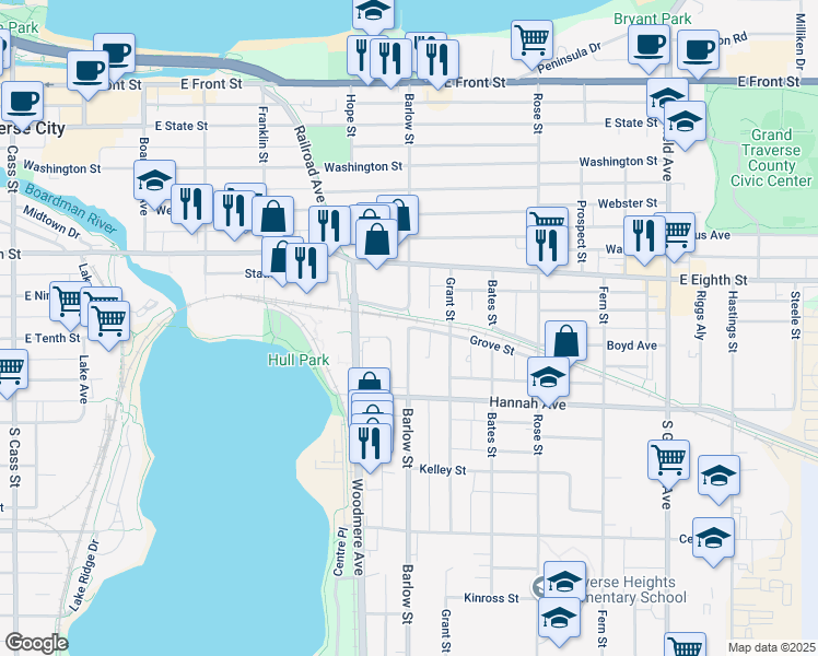 map of restaurants, bars, coffee shops, grocery stores, and more near 800 Grove Street in Traverse City