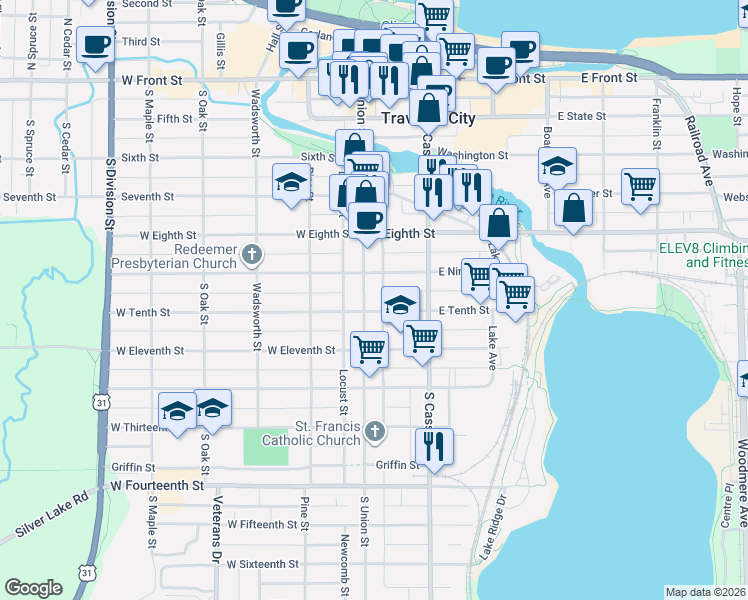 map of restaurants, bars, coffee shops, grocery stores, and more near 121 East Tenth Street in Traverse City