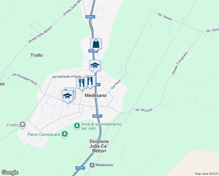map of restaurants, bars, coffee shops, grocery stores, and more near 23 Via Pace in Medesano