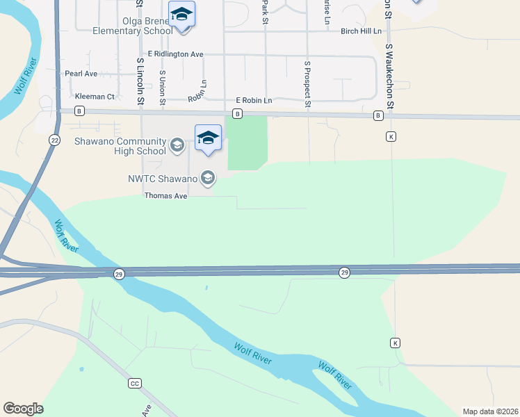 map of restaurants, bars, coffee shops, grocery stores, and more near 133 Thomas Avenue in Shawano