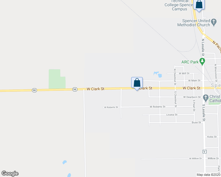 map of restaurants, bars, coffee shops, grocery stores, and more near 715 West Clark Street in Spencer