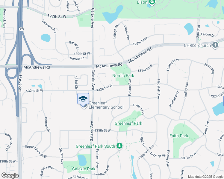 map of restaurants, bars, coffee shops, grocery stores, and more near 6839 133rd Street West in Apple Valley