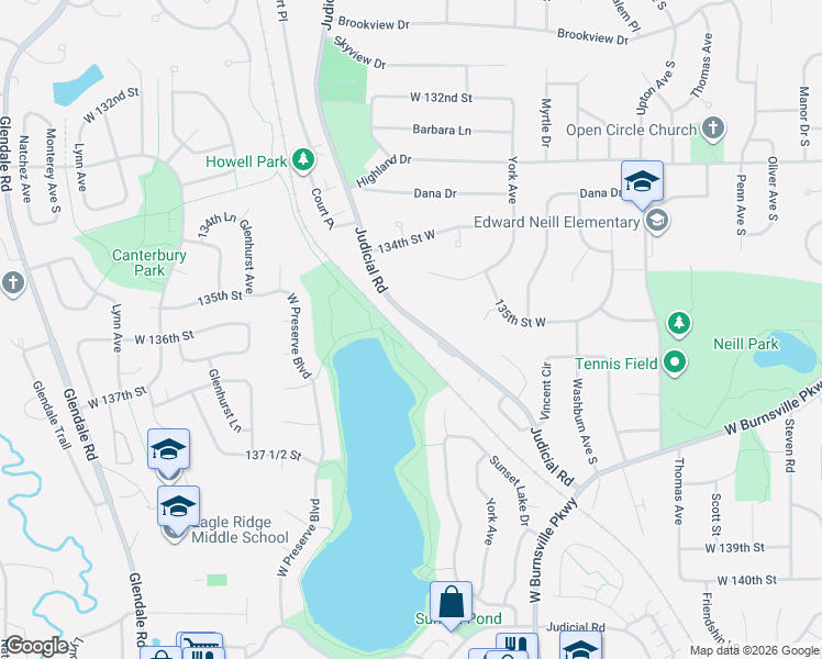 map of restaurants, bars, coffee shops, grocery stores, and more near 13512 Judicial Road in Burnsville