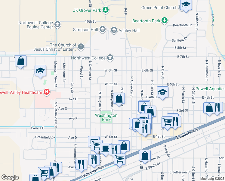 map of restaurants, bars, coffee shops, grocery stores, and more near 321 West 4th Street in Powell
