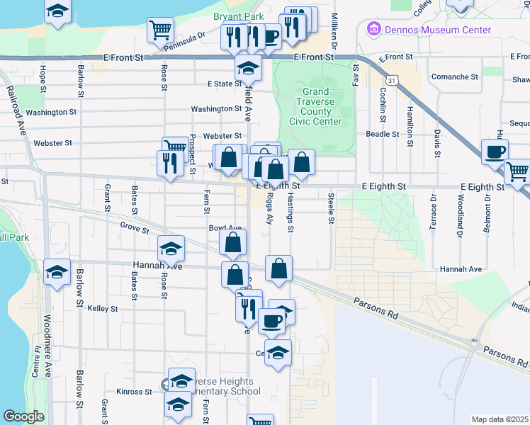 map of restaurants, bars, coffee shops, grocery stores, and more near 545 South Garfield Avenue in Traverse City