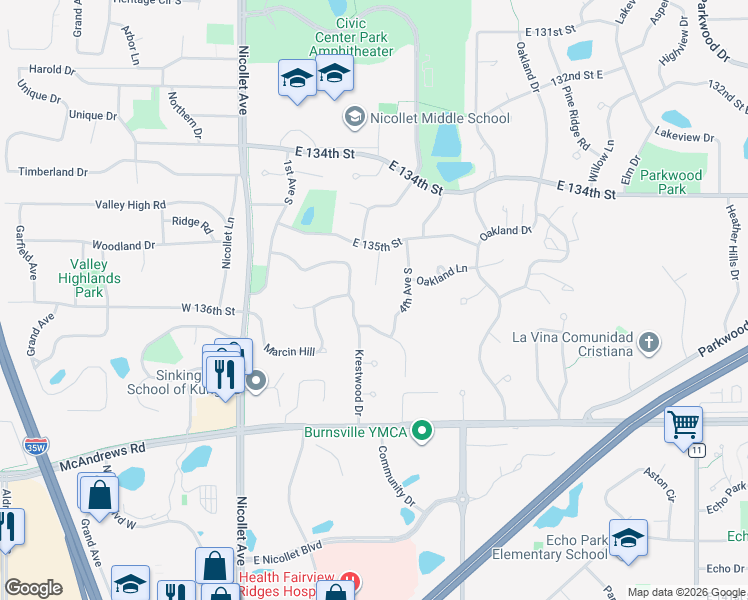 map of restaurants, bars, coffee shops, grocery stores, and more near 13612 4th Avenue South in Burnsville
