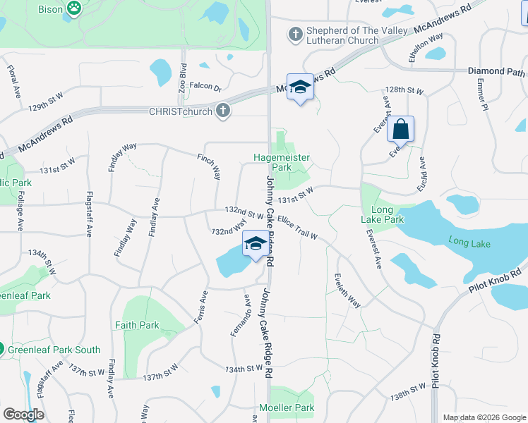 map of restaurants, bars, coffee shops, grocery stores, and more near 6032 132nd Street West in Apple Valley