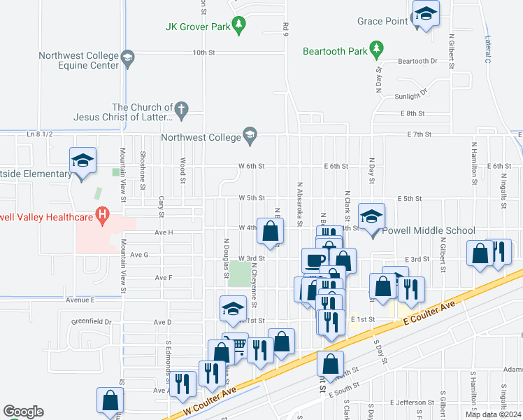map of restaurants, bars, coffee shops, grocery stores, and more near 443 North Cheyenne Street in Powell