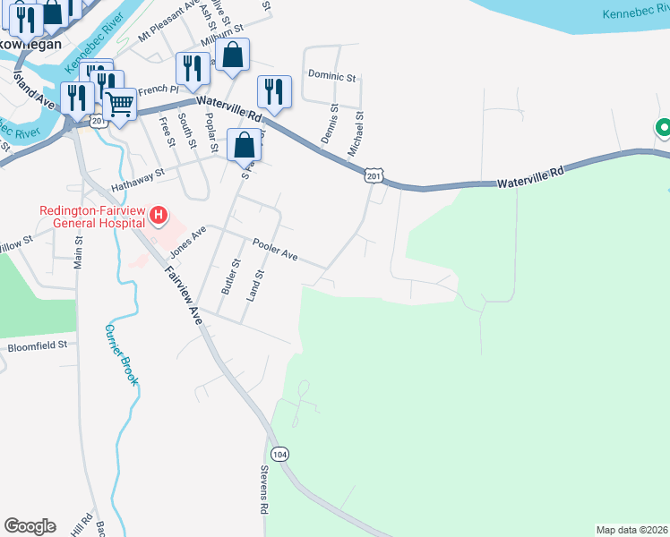 map of restaurants, bars, coffee shops, grocery stores, and more near 11 Bido Lane in Skowhegan