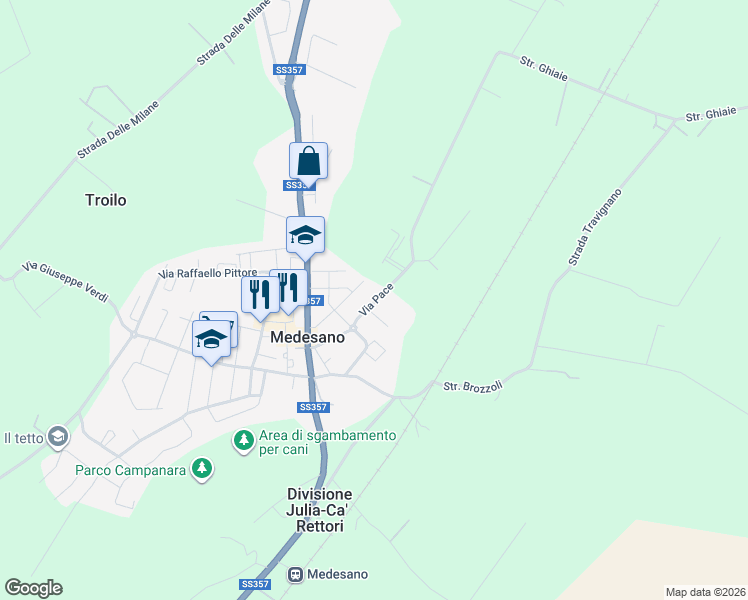map of restaurants, bars, coffee shops, grocery stores, and more near 23 Via Pace in Medesano