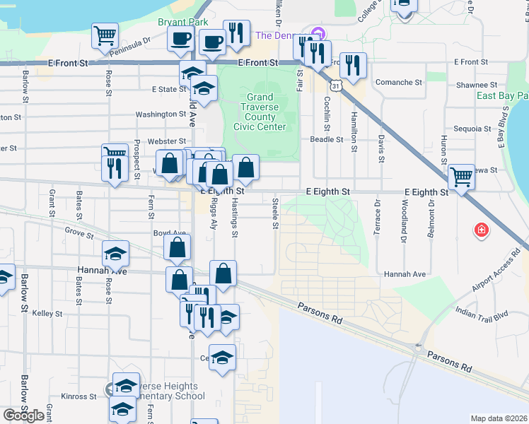 map of restaurants, bars, coffee shops, grocery stores, and more near 1200-1298 Oakland Street in Traverse City