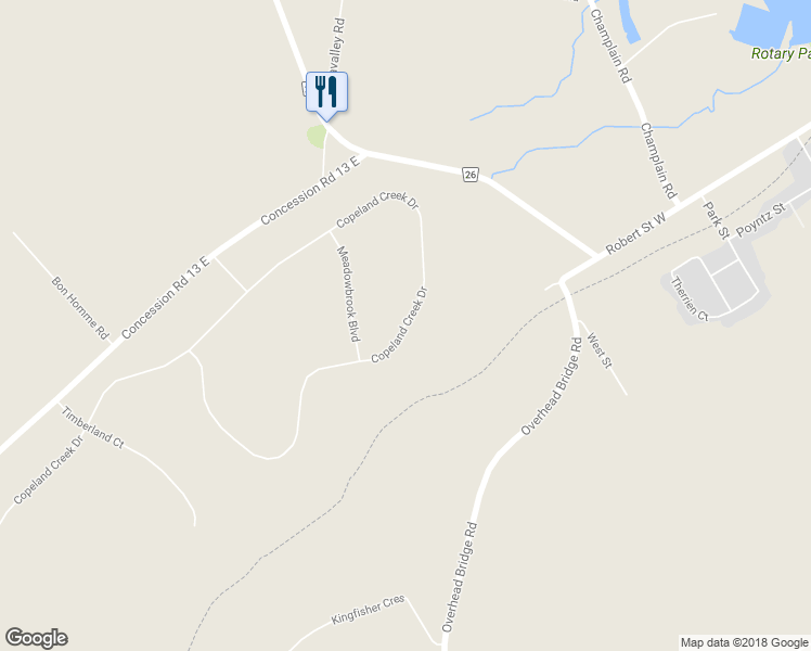 map of restaurants, bars, coffee shops, grocery stores, and more near 106 Copeland Creek Drive in Simcoe County