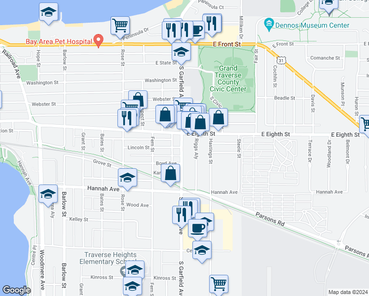 map of restaurants, bars, coffee shops, grocery stores, and more near 525 South Garfield Avenue in Traverse City