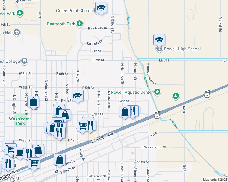 map of restaurants, bars, coffee shops, grocery stores, and more near 716 East 5th Street in Powell