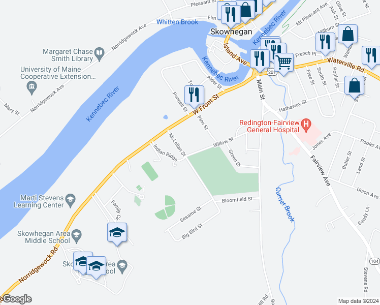 map of restaurants, bars, coffee shops, grocery stores, and more near 21 McLellan Street in Skowhegan