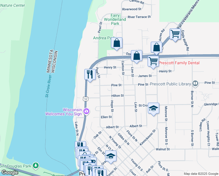 map of restaurants, bars, coffee shops, grocery stores, and more near 638 Pine Street in Prescott