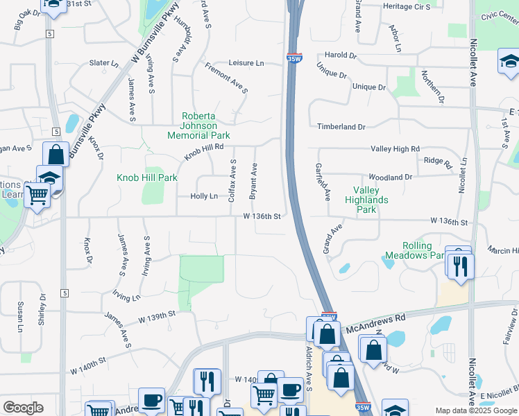 map of restaurants, bars, coffee shops, grocery stores, and more near 13509 Bryant Avenue in Burnsville