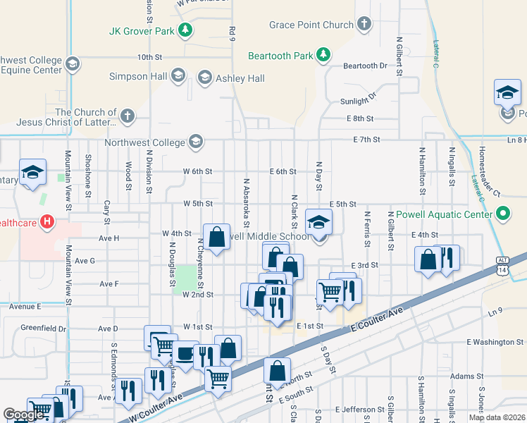 map of restaurants, bars, coffee shops, grocery stores, and more near 466 North Bent Street in Powell