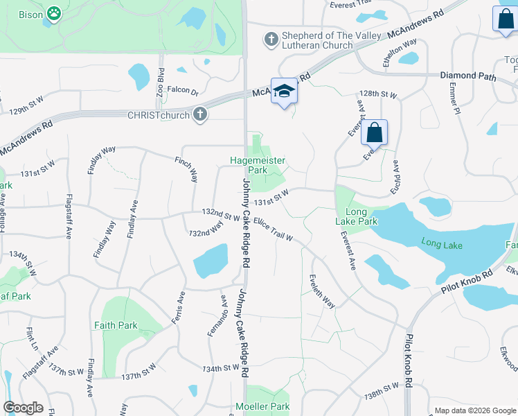 map of restaurants, bars, coffee shops, grocery stores, and more near 5961 131st Street West in Apple Valley