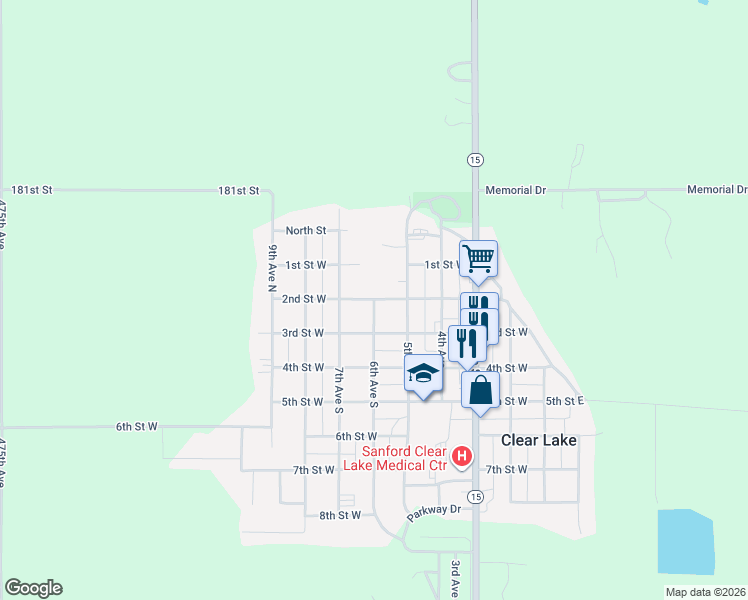 map of restaurants, bars, coffee shops, grocery stores, and more near 201 6th Avenue South in Clear Lake