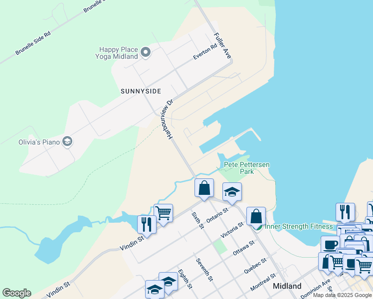 map of restaurants, bars, coffee shops, grocery stores, and more near 1191 Harbourview Drive in Midland