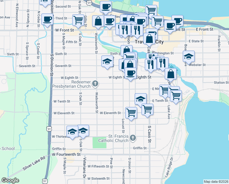 map of restaurants, bars, coffee shops, grocery stores, and more near 553-599 Pine Street in Traverse City